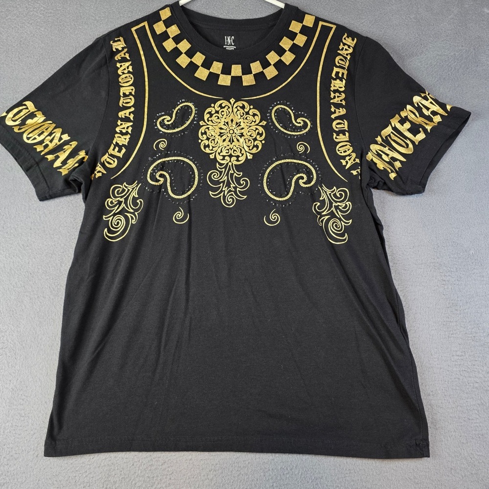 INC International Concepts T Shirt Men Medium Black Gold Graphic Embellished